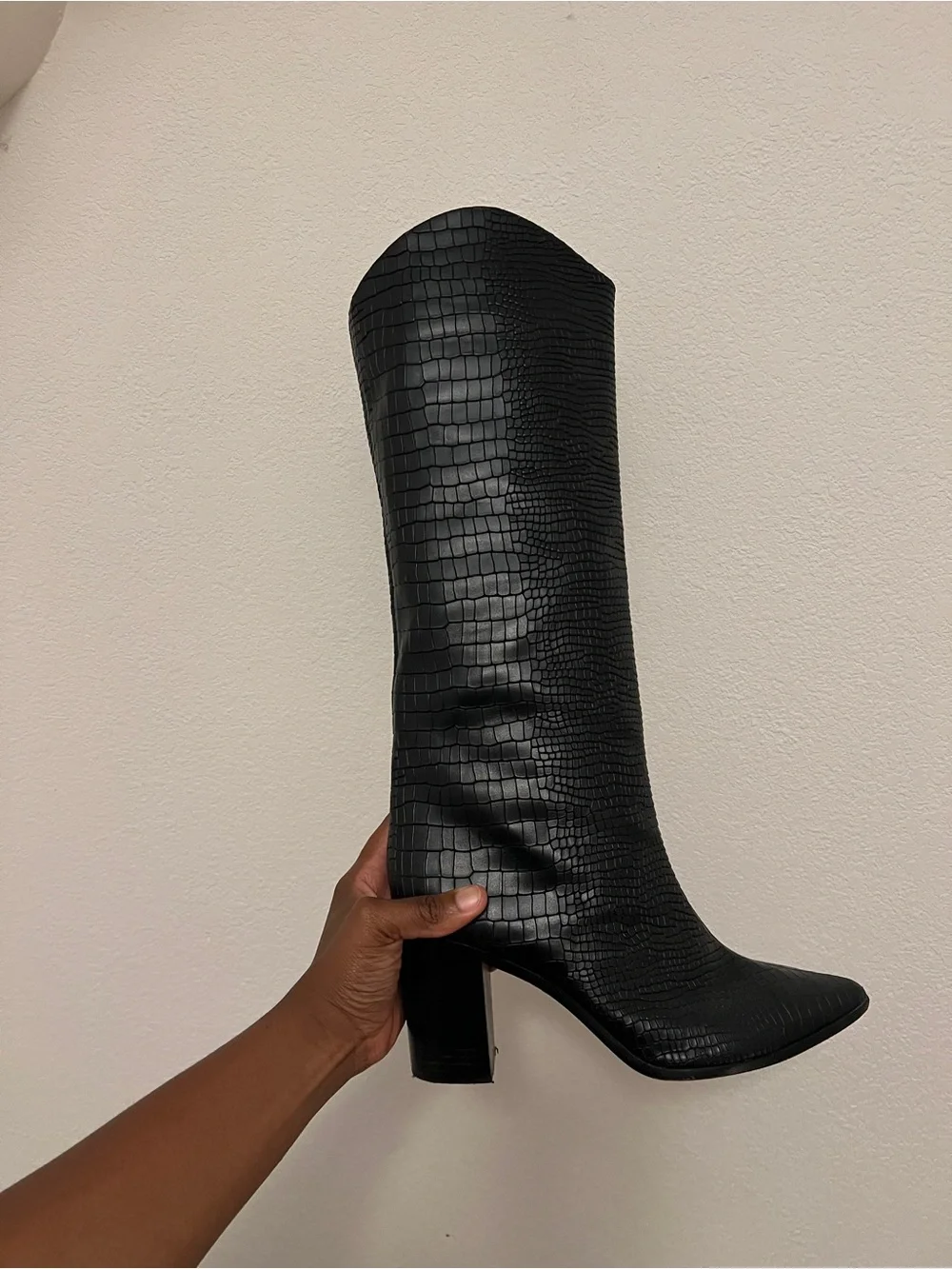 Schutz Black Croc-Embossed Knee Boots